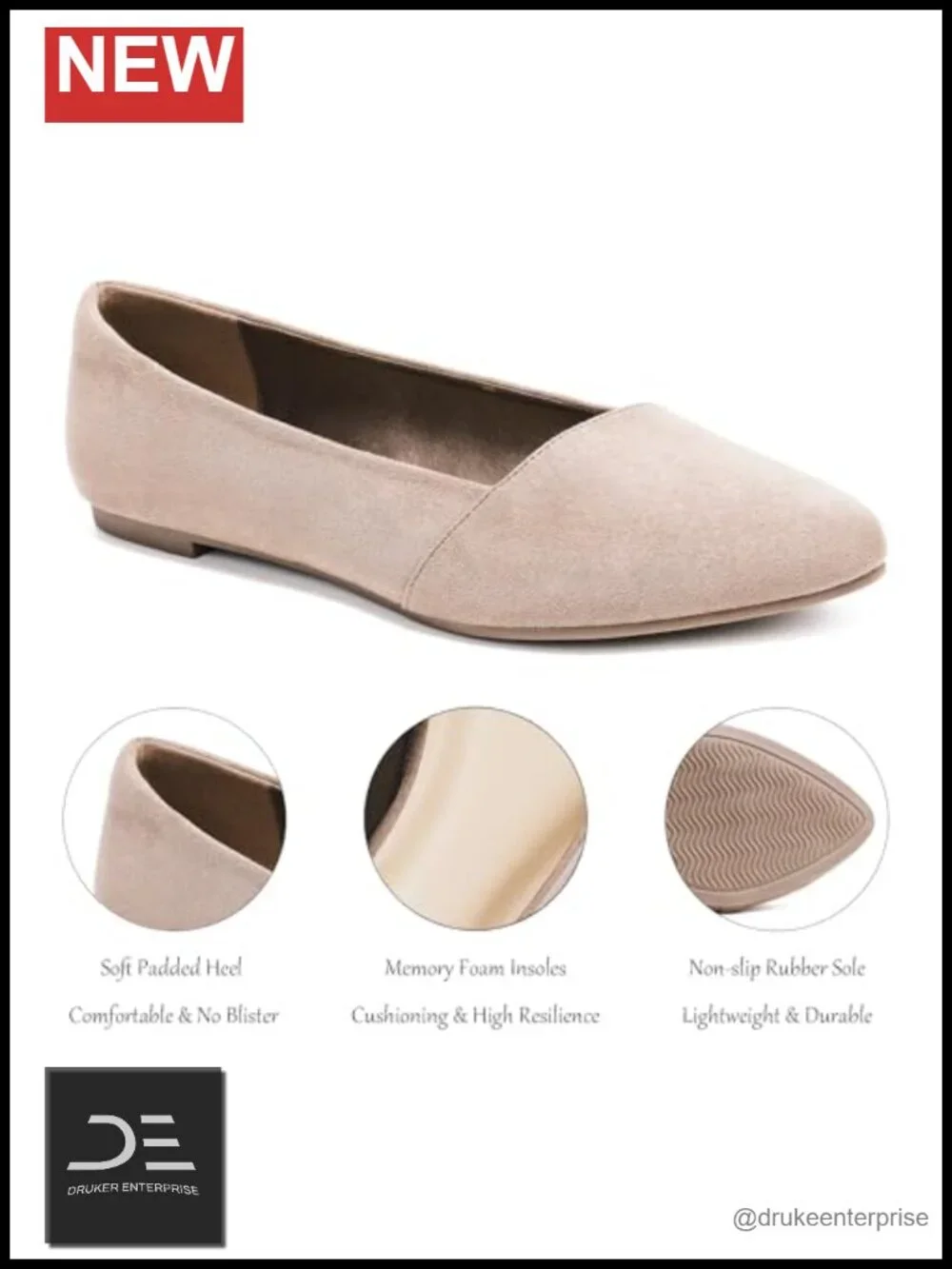 Wide Width Pointed Ballet Flats Faux Suede Slip On Anti Slip Sole